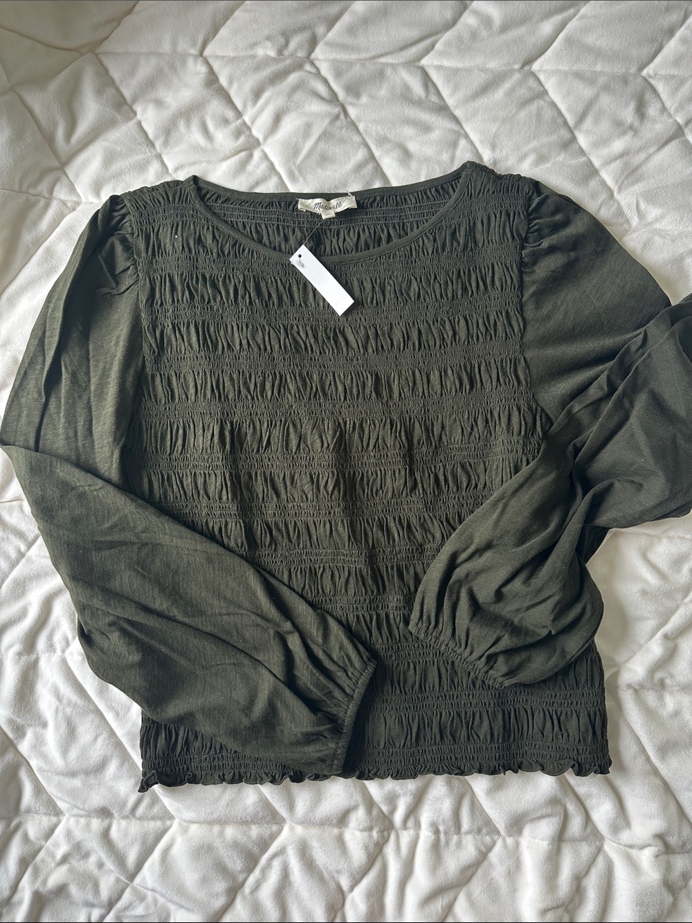 Madewell Olive Green Smocked Long-Sleeve Top